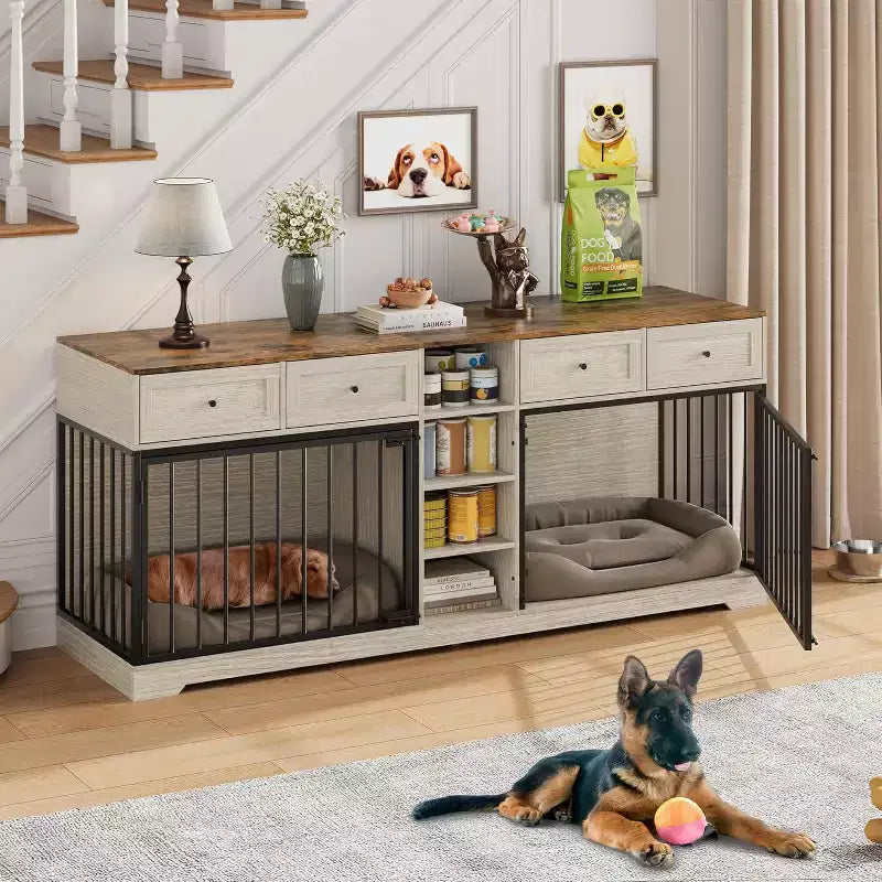 82 Casota de mobiliário para dois cães, canil grande para interior, casota de madeira resistente para 2 cães com suporte para TV, 4 gavetas e prateleiras