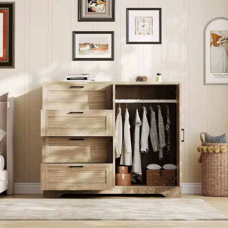 43,3 Zoll hoher Kleiderschrank aus Holz mit 4 Schubladen und Kleiderstange, multifunktionaler Aufbewahrungsschrank und Kommode für Kleidung im Schlafzimmer
