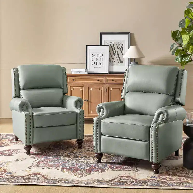 Conjunto de 2 cadeirões reclináveis Elisabete modernos, de costas altas, em pele genuína, com acabamento vintage de tachas, para sala de estar e quarto| ART OF LIVING DESIGNS