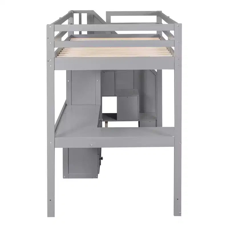 Hochbett in Twin-Größe mit L-förmigem Schreibtisch, 3 Schubladen, Schrank und Stauraum in der Treppe, Konstruktion aus massivem Kiefernholz/MDF