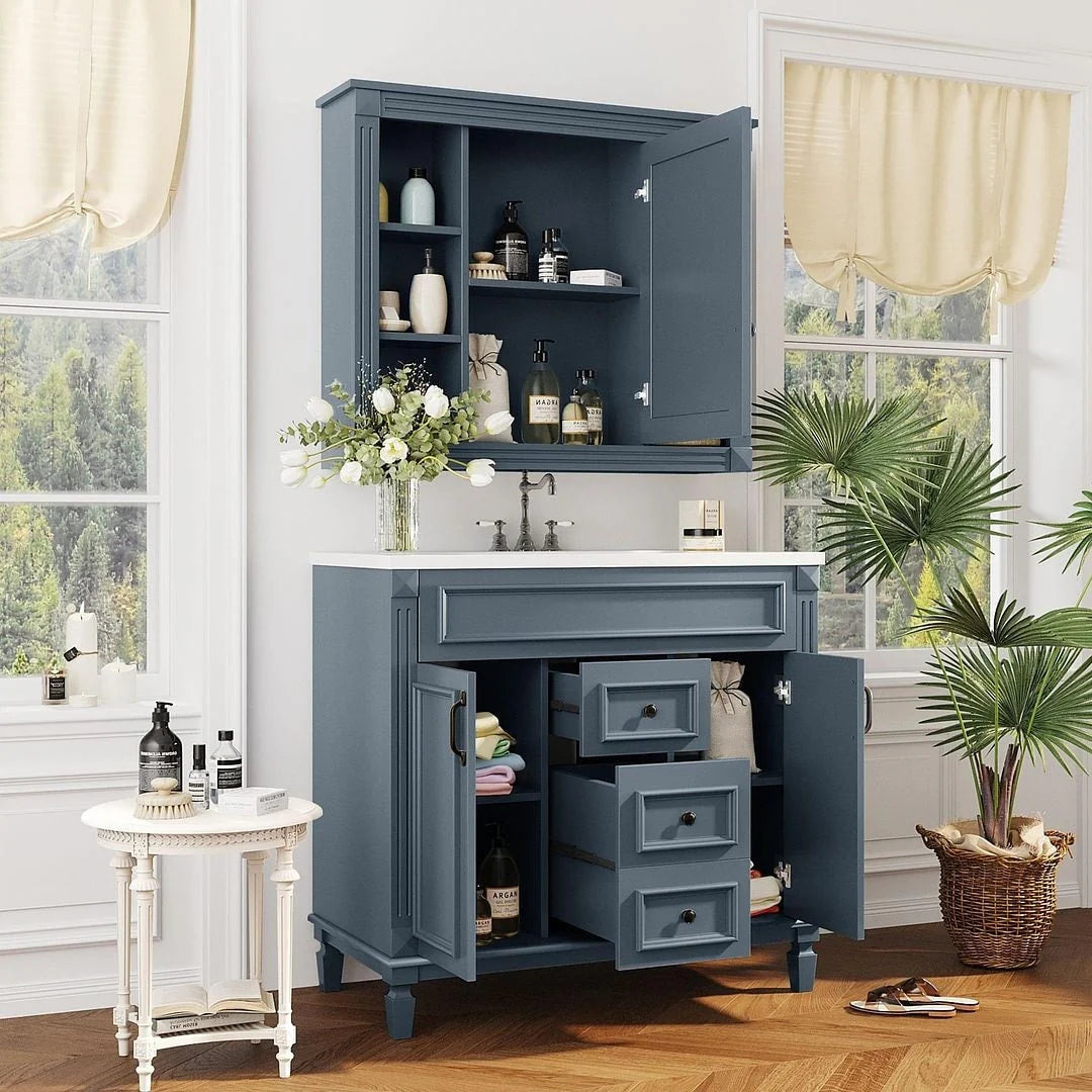 Moderne badkamermeubelset van 36 inch met wastafelblad, spiegelkast, 2 deuren en 2 laden