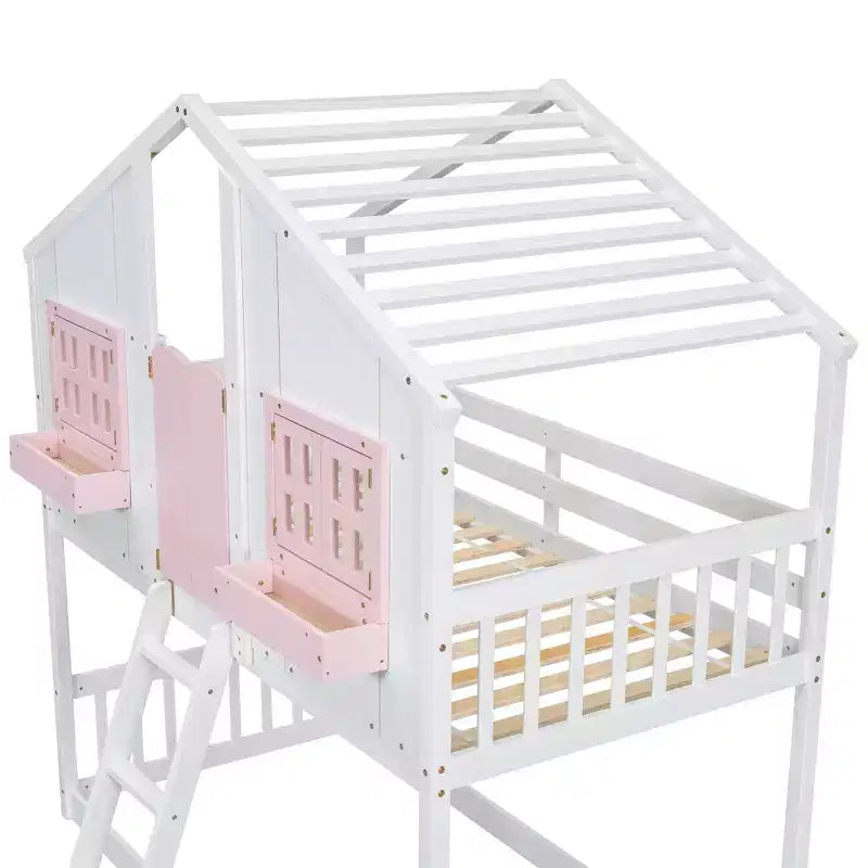 Cama alta de tamanho Twin em forma de casa, cama alta de madeira tipo casinha com escada e barreiras de proteção para crianças