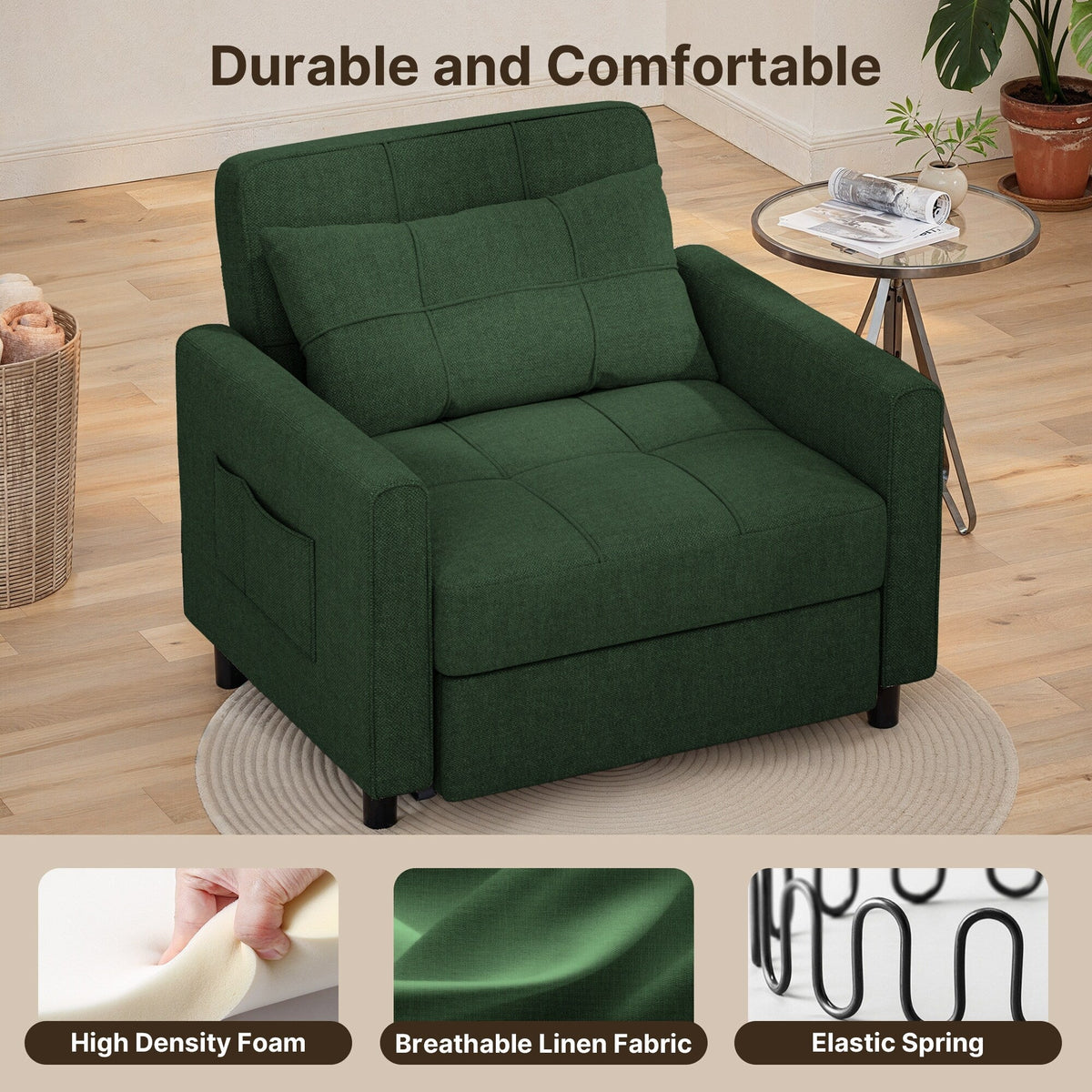 Sofá-cama ajustável 3 em 1, sofá-cadeira extraível, cama dobrável convertível para a sala de estar