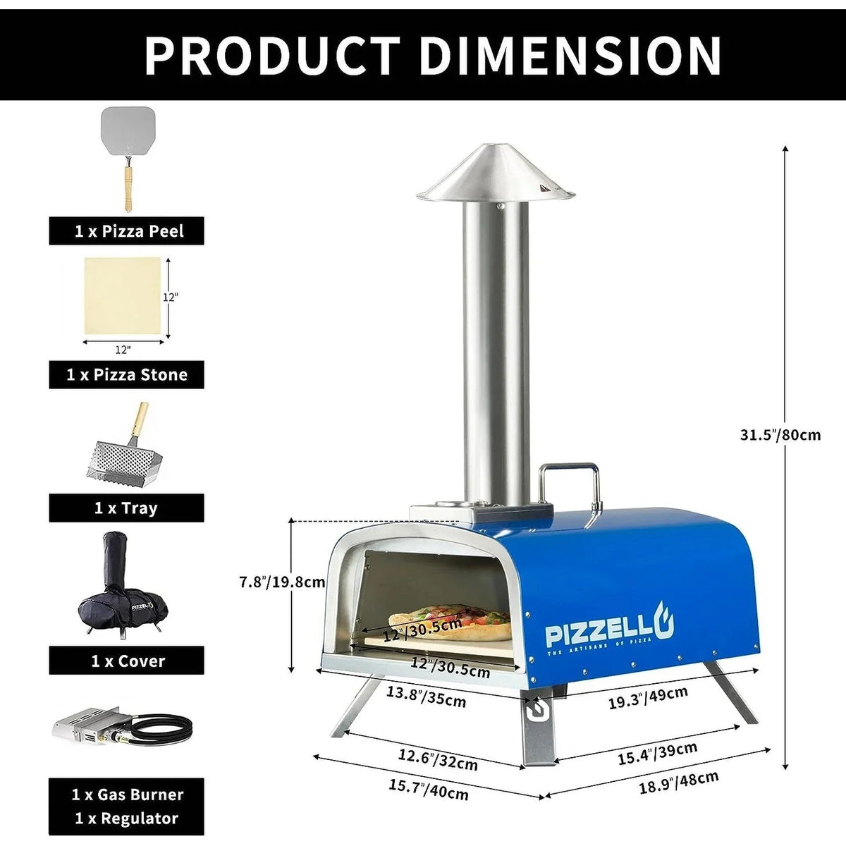 Forno de pizza exterior multicombustível, máquina de pizza de pedra com queimador a gás e caixa para lenha - 12 polegadas