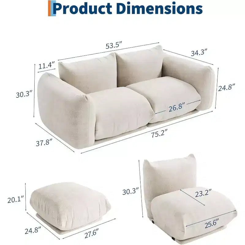 Modulares 2-Sitzer-Sofa aus Chenille-Stoff, Cloud-Sofa mit hoch belastbarem Schaumstoff, kompaktes Sofa ohne sichtbare Füße für kleine Räume