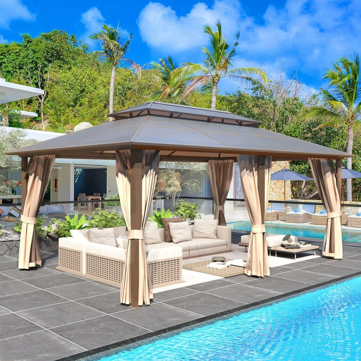 EROMMY Hardtop Gazebo,Outdoor Pergola with Double Roof & Netting & Curtains,Heavy Duty Canopy for Patio, Backyard, Pool party