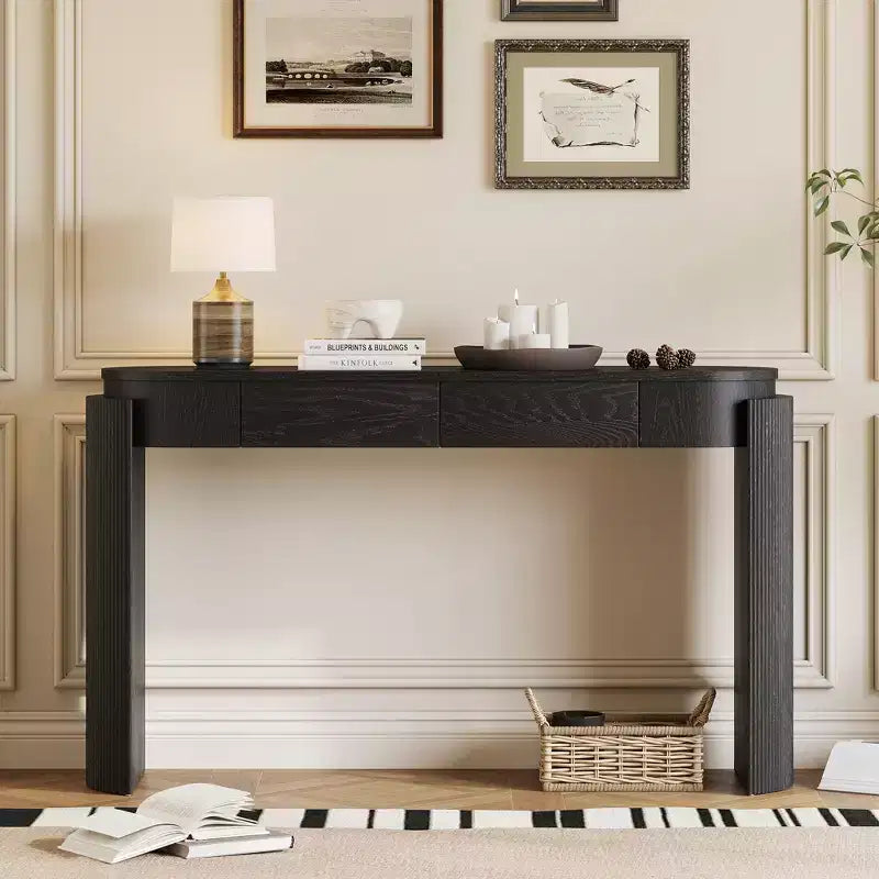 Mesa de consola moderna Merax com tampo oval e pernas curvas caneladas e duas gavetas ocultas