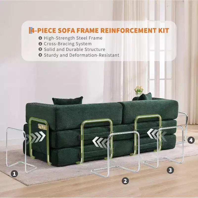Sofá-cama de chão em bombazina com almofadas, braços e encosto convertíveis, adequado para salas de estar, quartos e apartamentos.