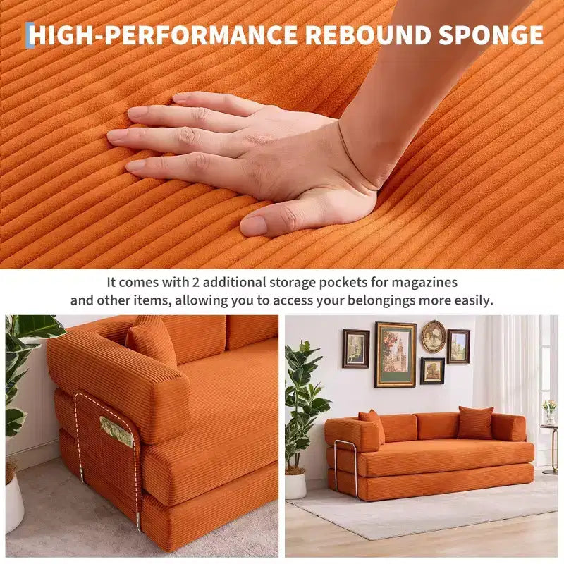 Sofá-cama, colchão dobrável 5-em-1 de 78.8, sofá/canapé, estrutura de aço de formato fixo, bombazina com almofadas