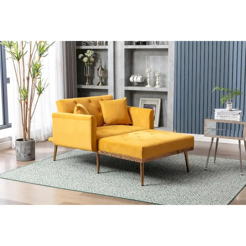 Poltrona letto in velluto imbottito e trapuntato per soggiorno, con gambe color oro rosato