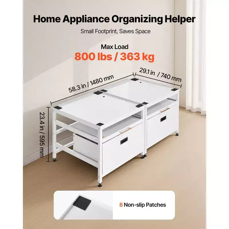 Estrado VEVOR para máquina de lavar roupa, altura de 22.6 in, estrados de 29x29 in para máquina de lavar e secar roupa com bandeja extraível e espaço de arrumação, capacidade de carga de 800 lbs, antiderrapante, branco