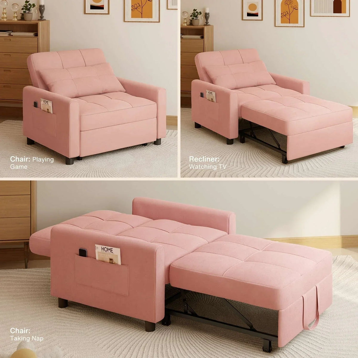 Sofá-cama ajustável 3 em 1, sofá-cadeira extraível, cama dobrável convertível para a sala de estar