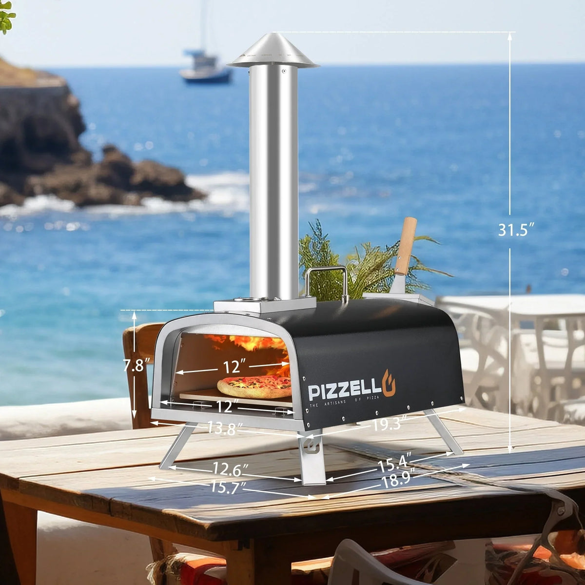 Forno de pizza exterior multicombustível, máquina de pizza de pedra com queimador a gás e caixa para lenha - 12 polegadas