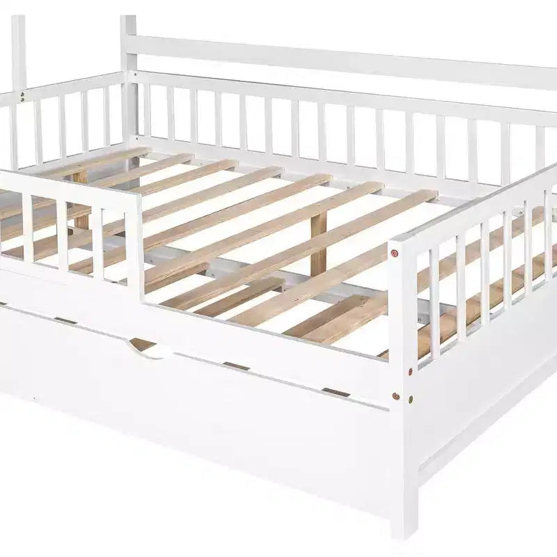 Estrutura de cama-casa Acekool Full com cama auxiliar Twin, gavetas de arrumação e prateleiras, telhado e vedação, cama de plataforma infantil, branca