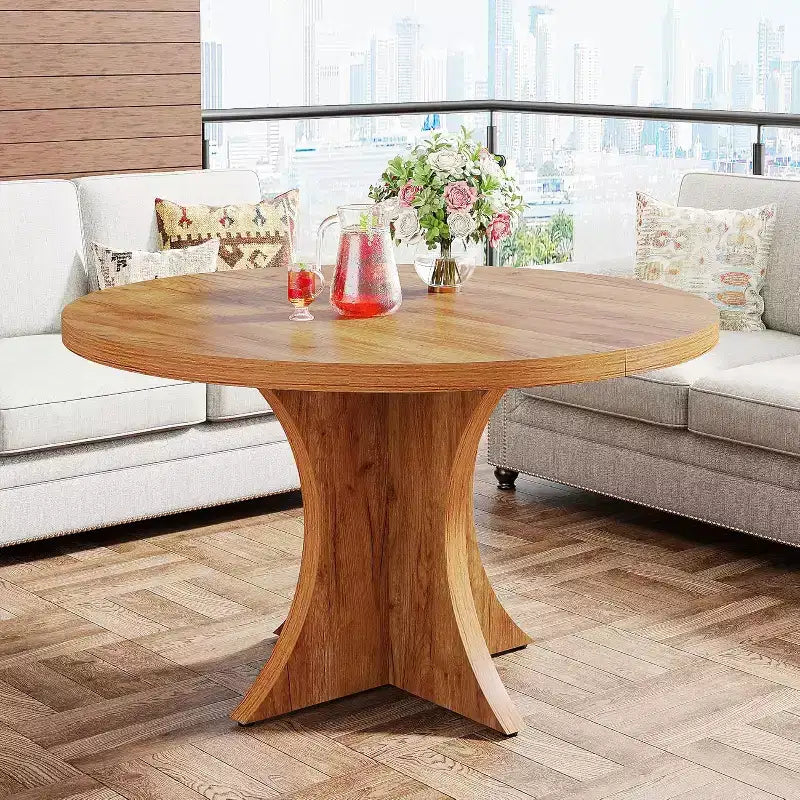 Table à manger ronde Lantine de 47,24 pouces pour 4 à 6 personnes, table de cuisine de style campagne avec pied central, petite table de repas pour salle à manger ou salon, marron