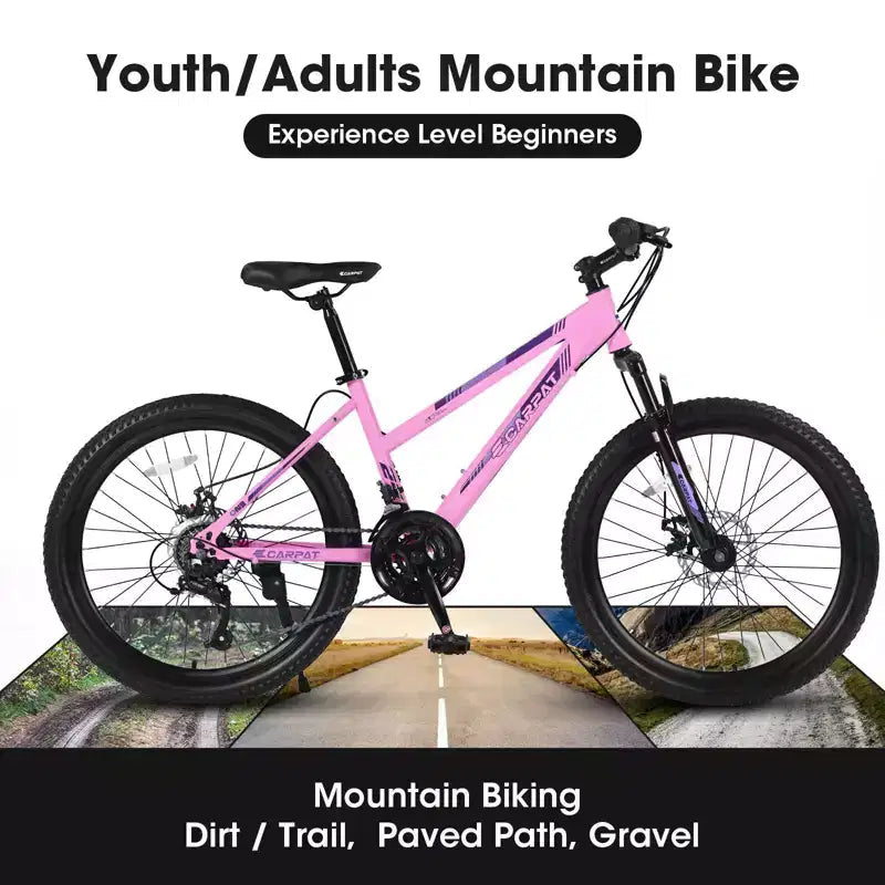 Mountain bike Okak da 24/26 pollici con 21 velocità e freni a doppio disco, bicicletta per bambini con sospensione anteriore da 100 mm, bici da sterrato per adolescenti e donne