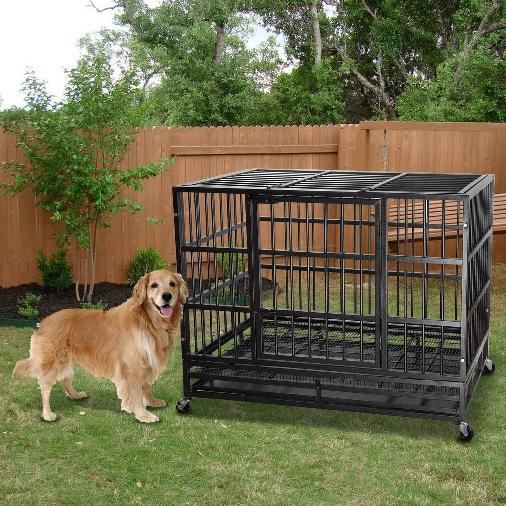 BOSSIN 48/38 inch Heavy Duty Indestructible Dog Crate, Escape Proof Dog Cage Kennel with Lockable Wheels