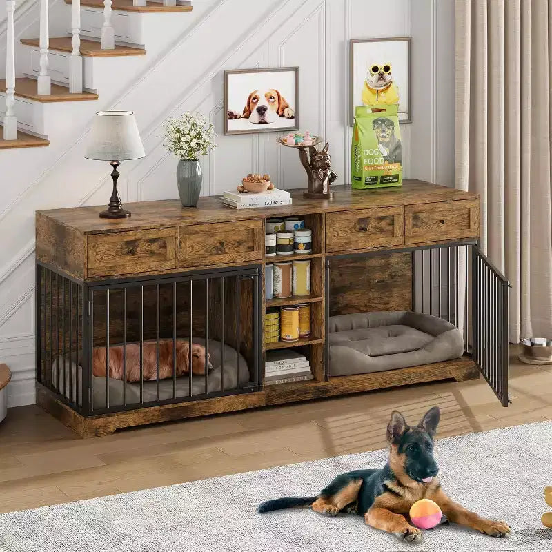 82 Casota de mobiliário para dois cães, canil grande para interior, casota de madeira resistente para 2 cães com suporte para TV, 4 gavetas e prateleiras