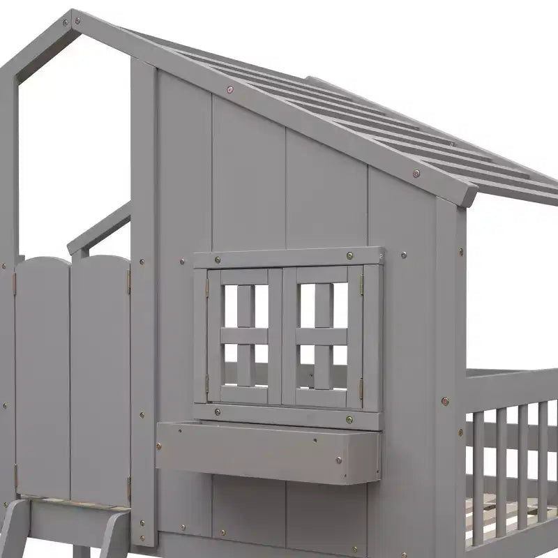 Cama alta de tamanho Twin em forma de casa, cama alta de madeira tipo casinha com escada e barreiras de proteção para crianças