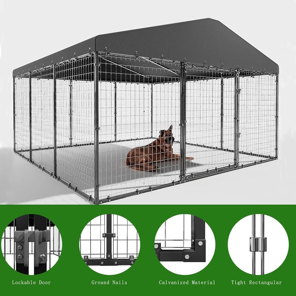 W 118 x D 118 x H 70 Canil grande para exterior, recinto resistente para cães com teto impermeável
