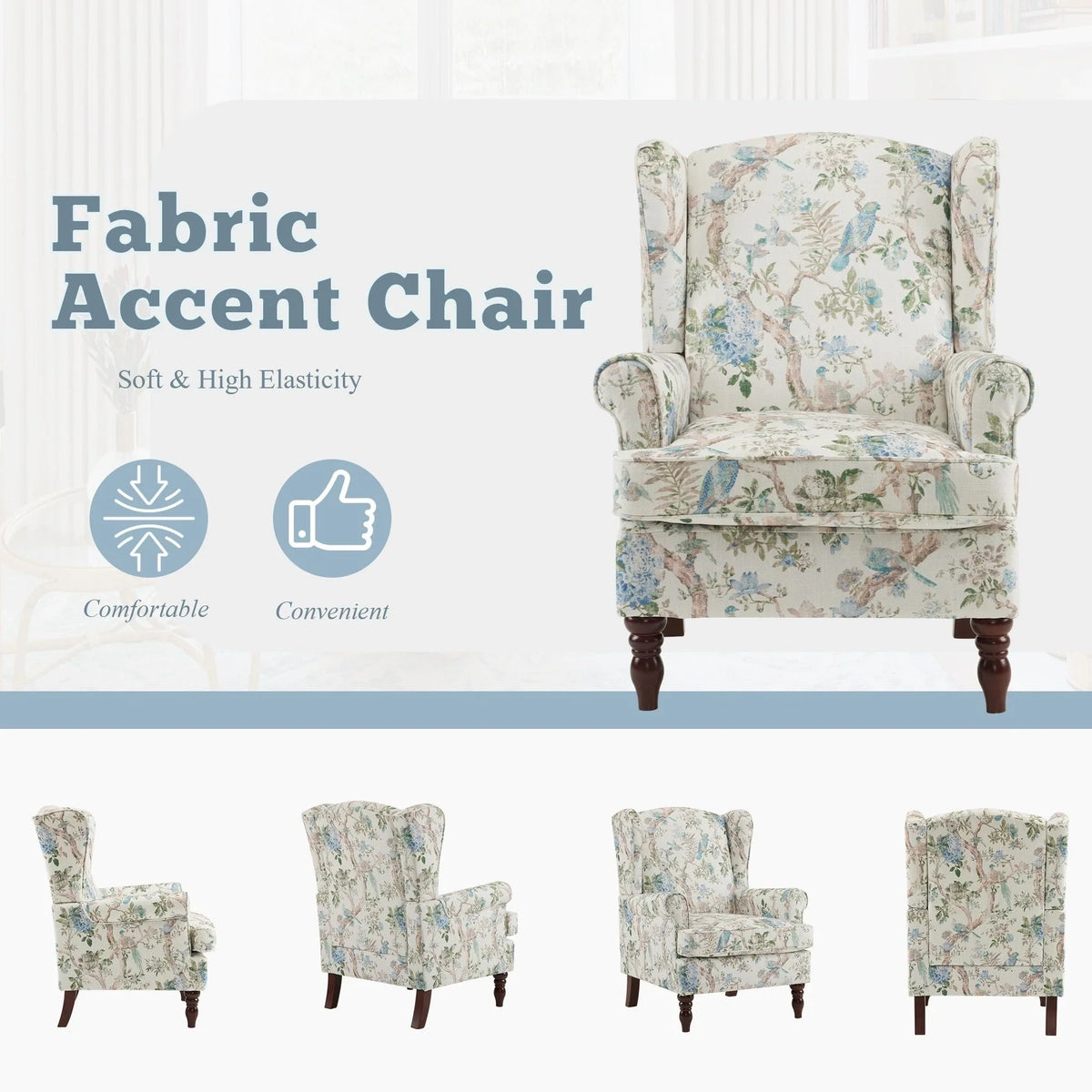 Fauteuil d’appoint moderne Erommy, fauteuil à dossier haut, canapé une place en tissu rembourré avec boutons et pieds en bois pour le salon