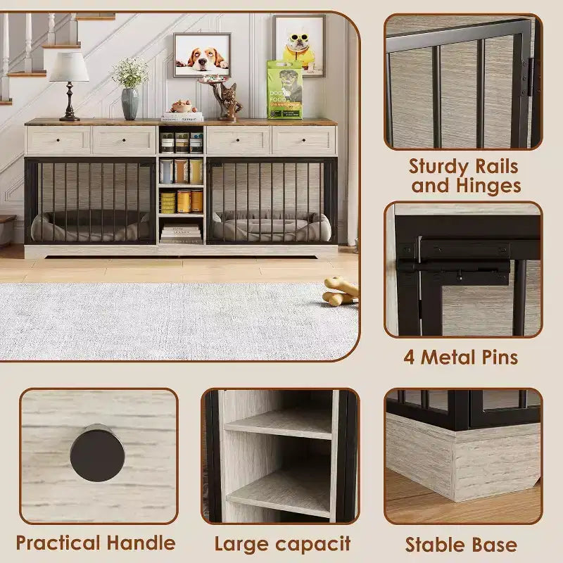 82 Casota de mobiliário para dois cães, canil grande para interior, casota de madeira resistente para 2 cães com suporte para TV, 4 gavetas e prateleiras