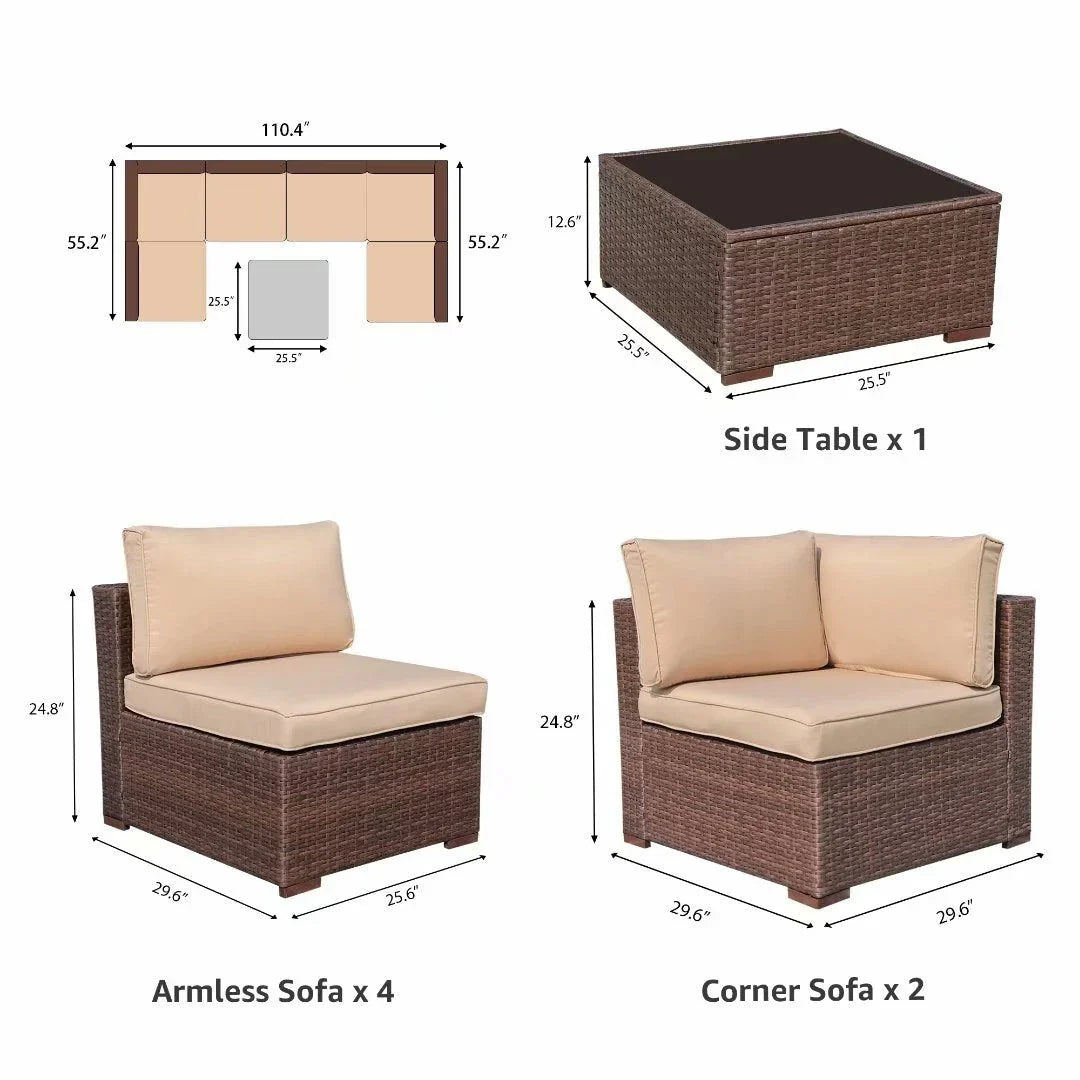 Ensemble de canapé modulaire d’extérieur rembourré en osier et acier, 7 pièces