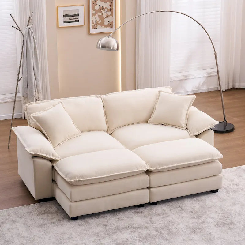 Canapé 2 places avec 2 coussins, 2 oreillers et 2 poufs, canapé confortable – canapé profond modulable pour le salon