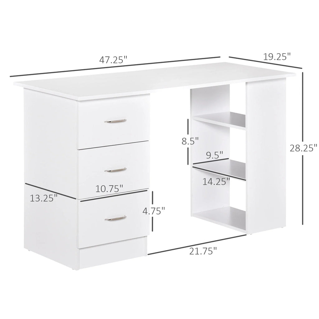 HOMCOM 47 Modern Home Office Computer Desk Bookcase Combo Writing Table Workstation with 3 Drawer and Storage Shelf - White