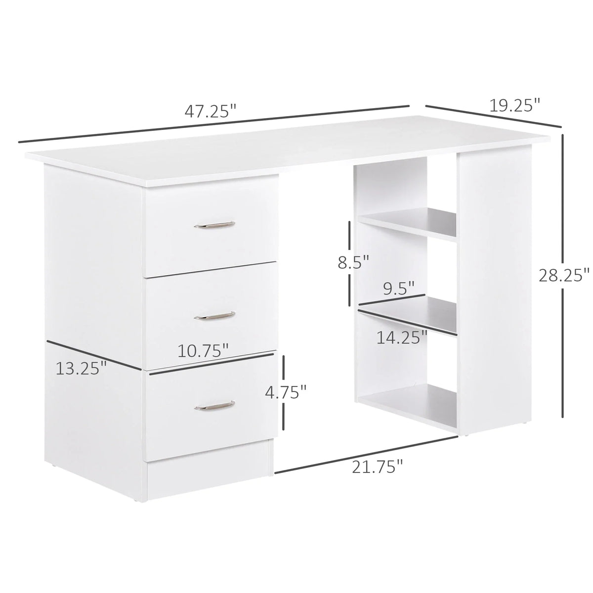 HOMCOM 47 Modern Home Office Computer Desk Bookcase Combo Writing Table Workstation with 3 Drawer and Storage Shelf - White