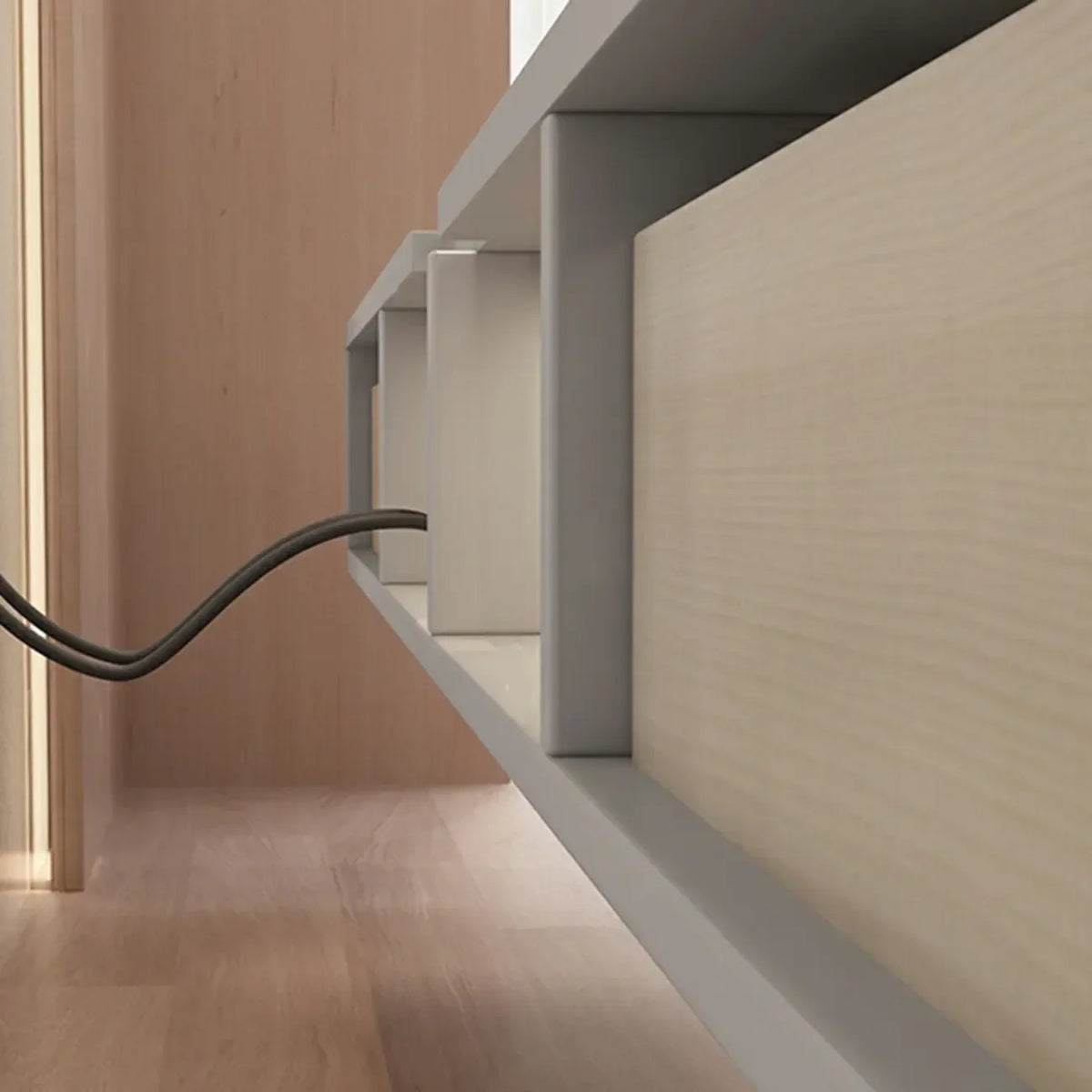Moderner langer weißer schwebender TV-Schrank aus Holz mit Schubladen