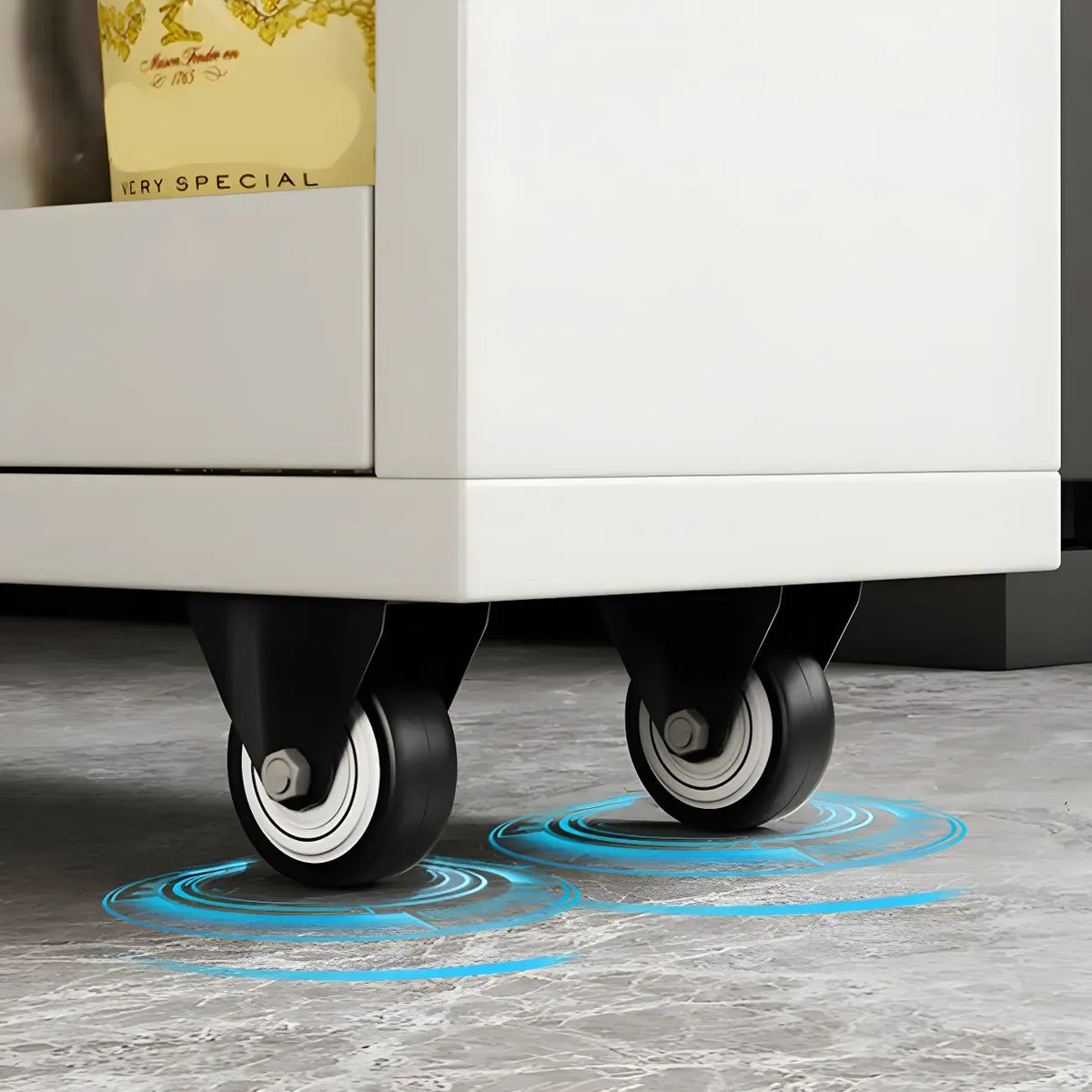 Credenza moderna in legno con ripiani aperti e rotelle