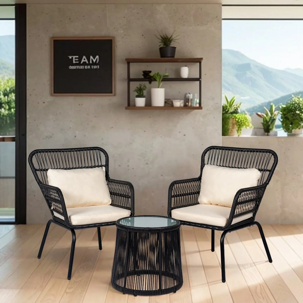 Ensemble bistro de conversation extérieur en osier de 3 pièces, mobilier de patio en rotin toutes saisons avec coussins