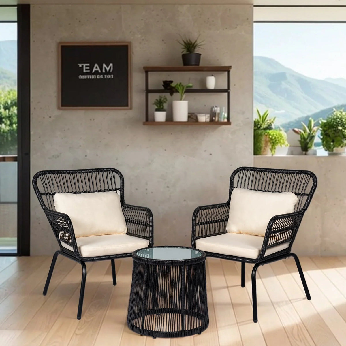 Ensemble bistro de conversation extérieur en osier de 3 pièces, mobilier de patio en rotin toutes saisons avec coussins