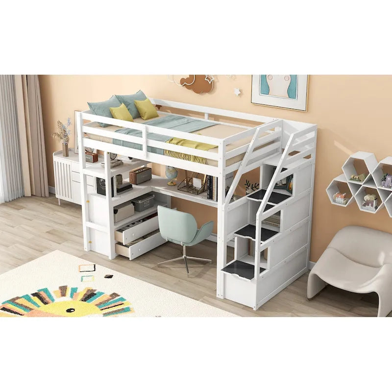 Cama alta Twin com secretária e prateleiras, duas gavetas incorporadas e escada com arrumação