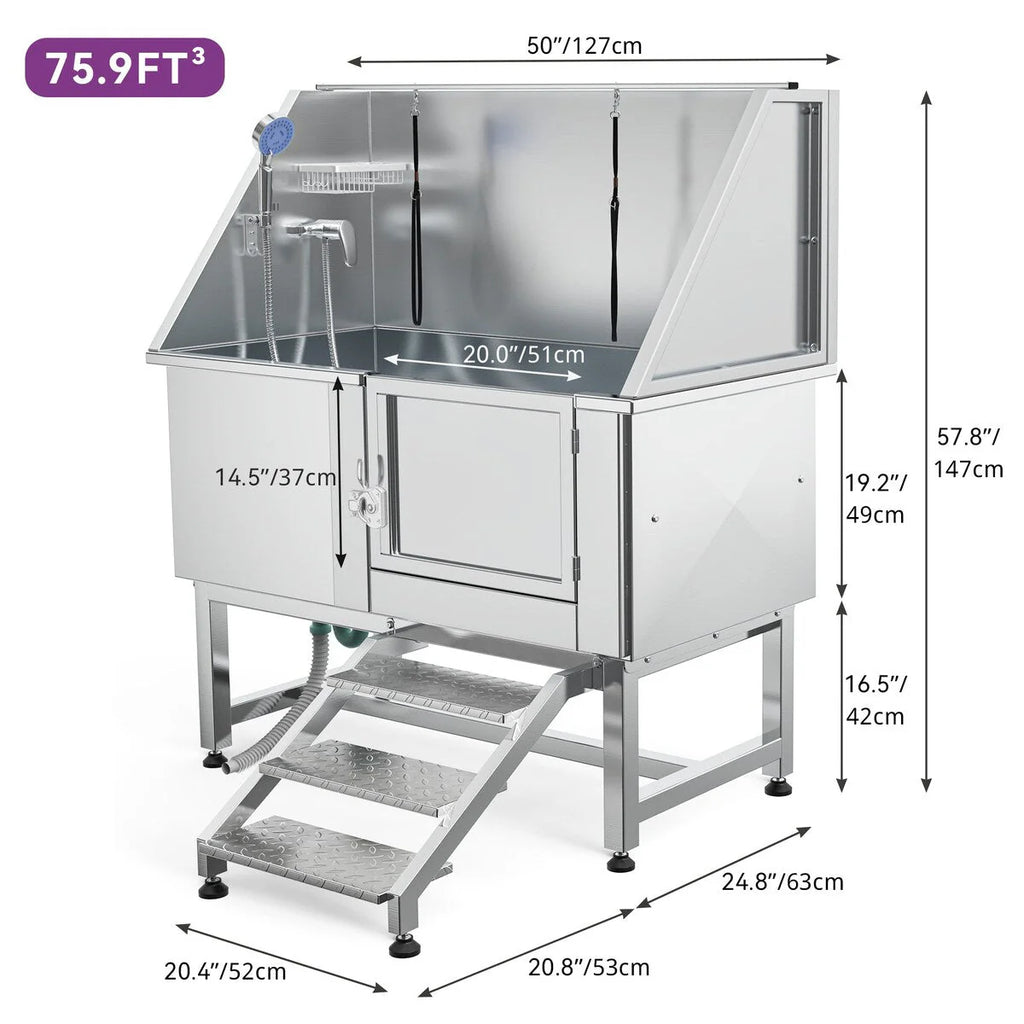 50'' W Stainless Steel Adjustable Pet Grooming Tub with Steps Ramp