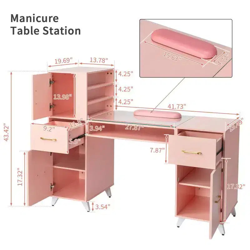 Mesa de manicure moderna preta/rosa com tampo de vidro e apoio para os pulsos, estação individual