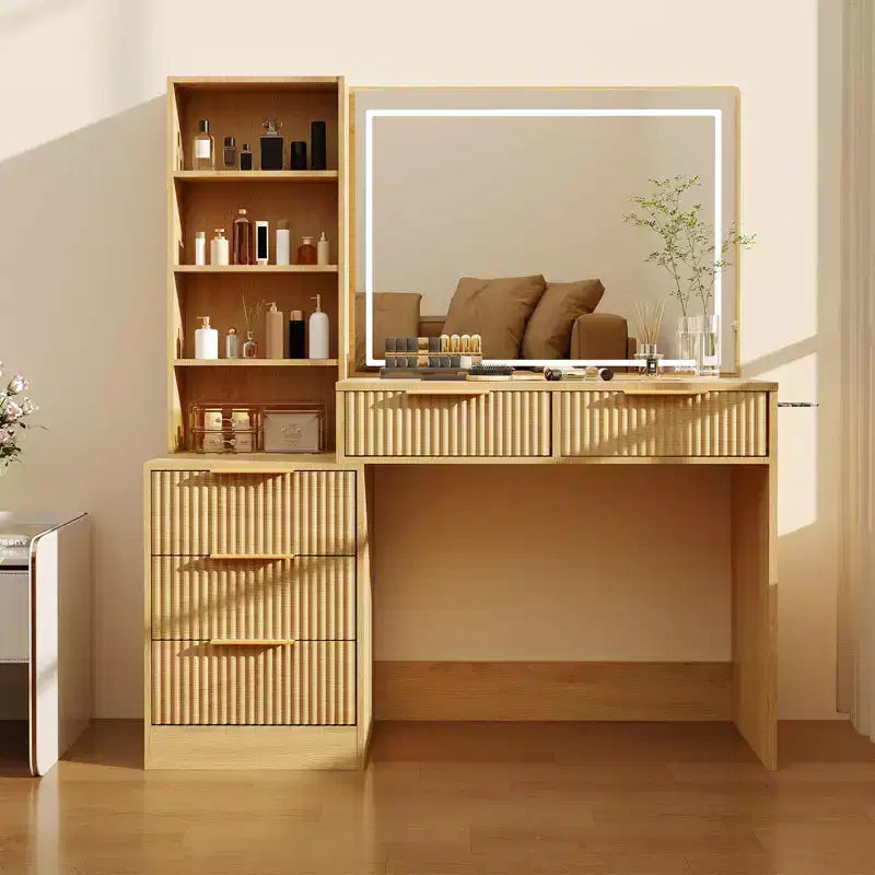 Schminktisch mit beleuchtetem Spiegel und Ladestation, dimmbares Touch-Licht mit 3 Lichtfarben, 5 Schubladen und Glasplatte, moderner Frisiertisch fürs Schlafzimmer