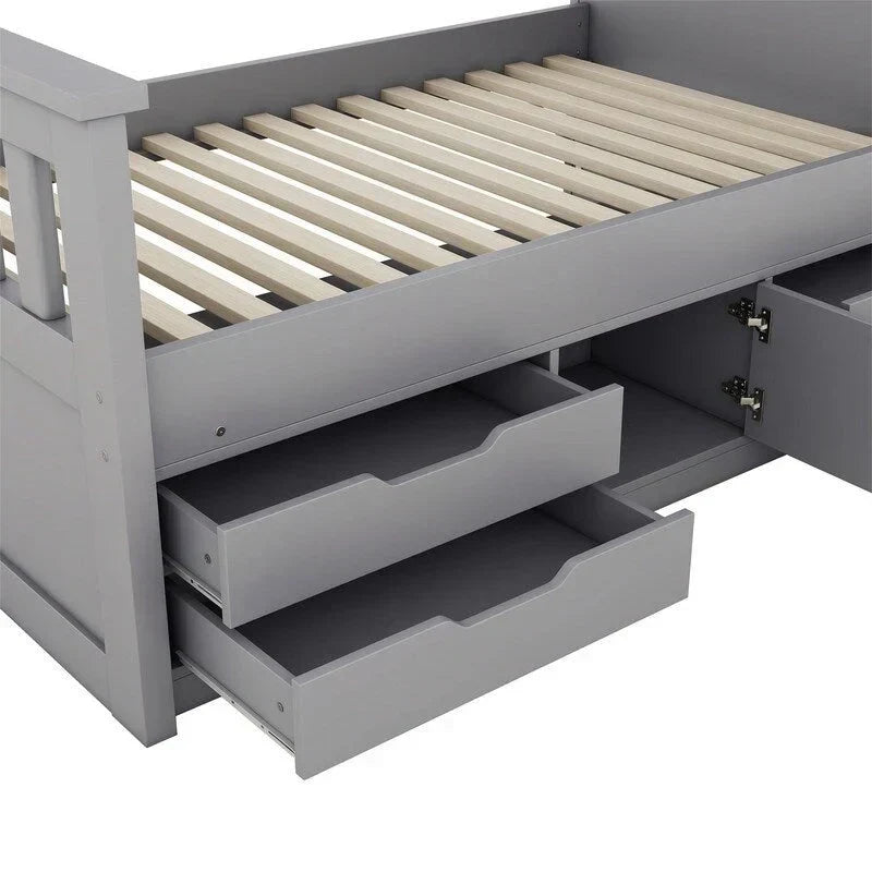 Cama de plataforma tipo capitão Twin/Full com 4 gavetas e prateleiras de arrumação, estrutura de cama em madeira maciça com cabeceira-estante para arrumação