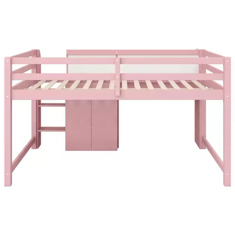 Lit mezzanine bas rose/blanc avec bureau, rangements et tableau blanc - 1 personne, 1 place