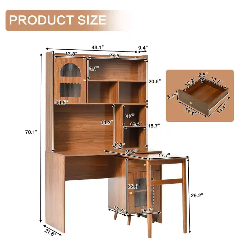 Okak moderne houten bureau voor kantoor aan huis met bureaublad, stoel en boekenkast, opbergbureau voor tieners en studenten om te studeren en schrijven, voor studie en kantoor