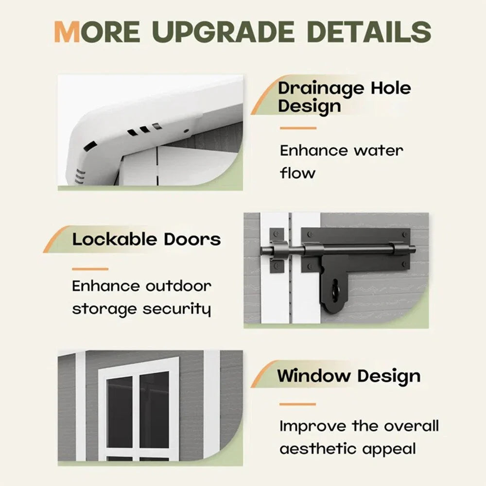 6 ft × 4 ft/6 ft × 8 ft/8 ft × 6 ft/8 ft × 10 ft wetterfester Kunststoff-Geräteschuppen aus Harz für den Außenbereich mit Boden, Spire-Werkzeugschuppen