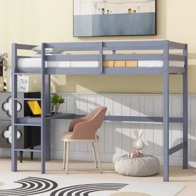 Lit mezzanine minimaliste Okak avec échelle, lit mezzanine double en bois d'hévéa avec barrière de sécurité et bureau intégré, cadres de lit pour enfants et adolescents
