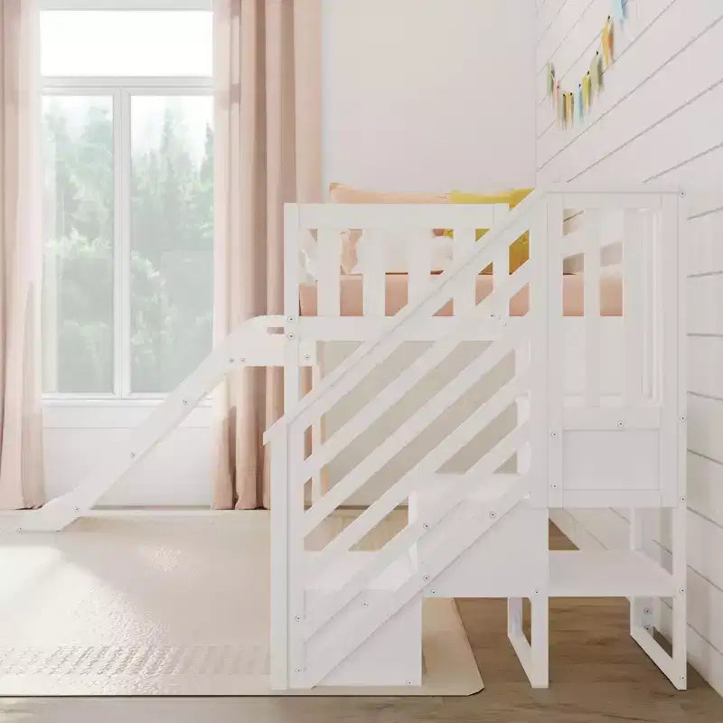 Cama baixa elevada individual para crianças com escorrega e escadas, madeira maciça, 14 proteções, capacidade de 400 lb