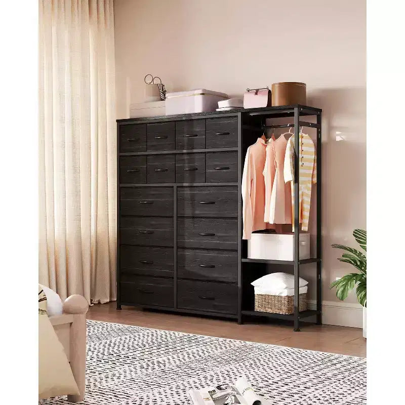 Cómoda com 16 gavetas, varão para pendurar roupa e prateleiras, organizador de arrumação em tecido para quarto, closet ou entrada