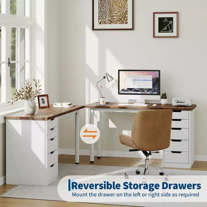 Secretária para computador de 47 polegadas com 5 gavetas de arrumação, mesa de estudo e escrita moderna de estilo rústico reversível, estação de trabalho para escritório em casa para espaços pequenos