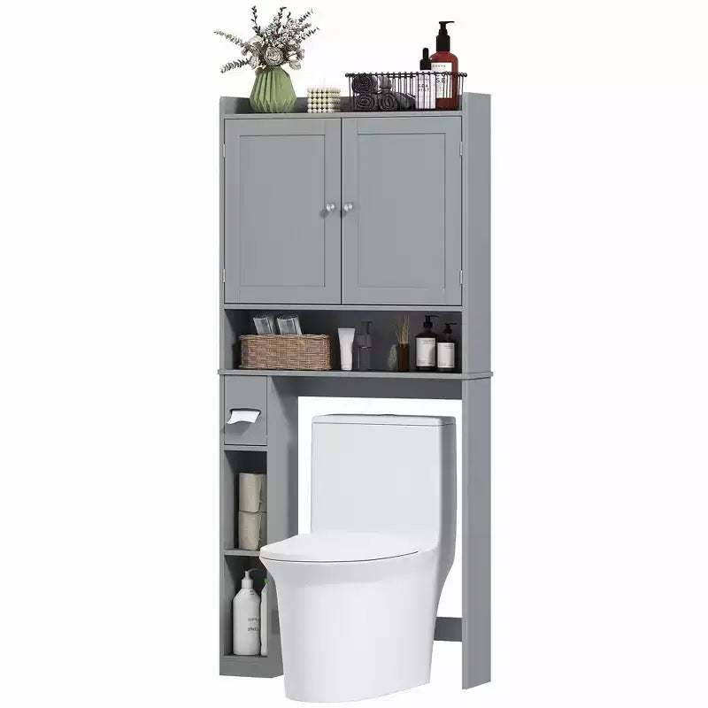 Armário HOMCOM para arrumação sobre a sanita, organizador moderno para casa de banho sobre a sanita com 2 portas, suporte para papel higiénico, economizador de espaço independente