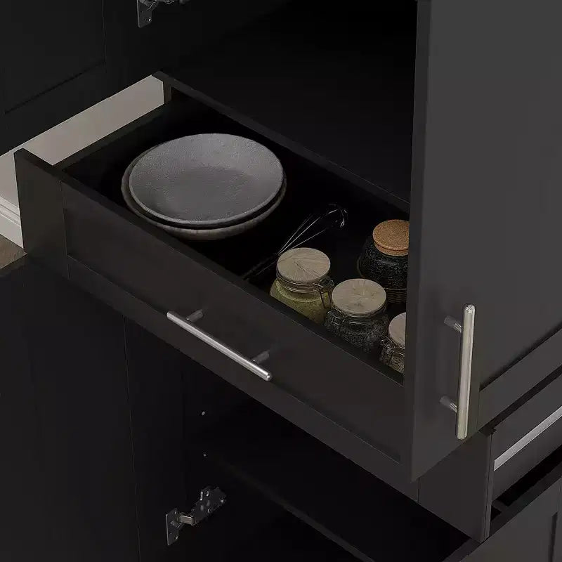 Meuble garde-manger de cuisine moderne autoportant avec portes et tiroir, étagères réglables