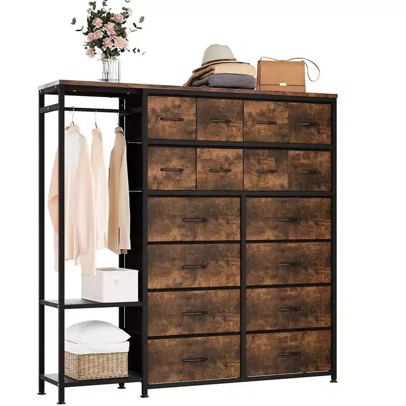 Cómoda com 16 gavetas, varão para pendurar roupa e prateleiras, organizador de arrumação em tecido para quarto, closet ou entrada