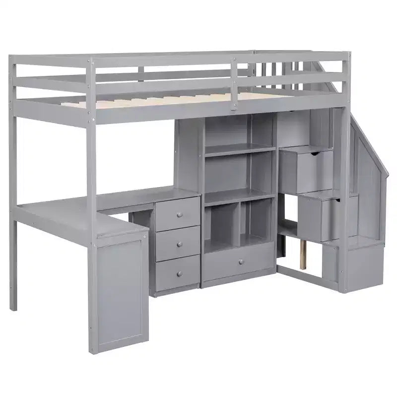 Hochbett in Twin-Größe mit L-förmigem Schreibtisch, 3 Schubladen, Schrank und Stauraum in der Treppe, Konstruktion aus massivem Kiefernholz/MDF